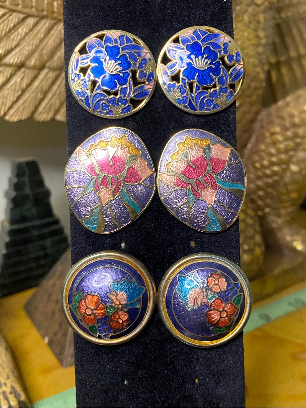 Vintage Handcrafted Floral Cloisonné Button Earrings - Blue & Multicolor